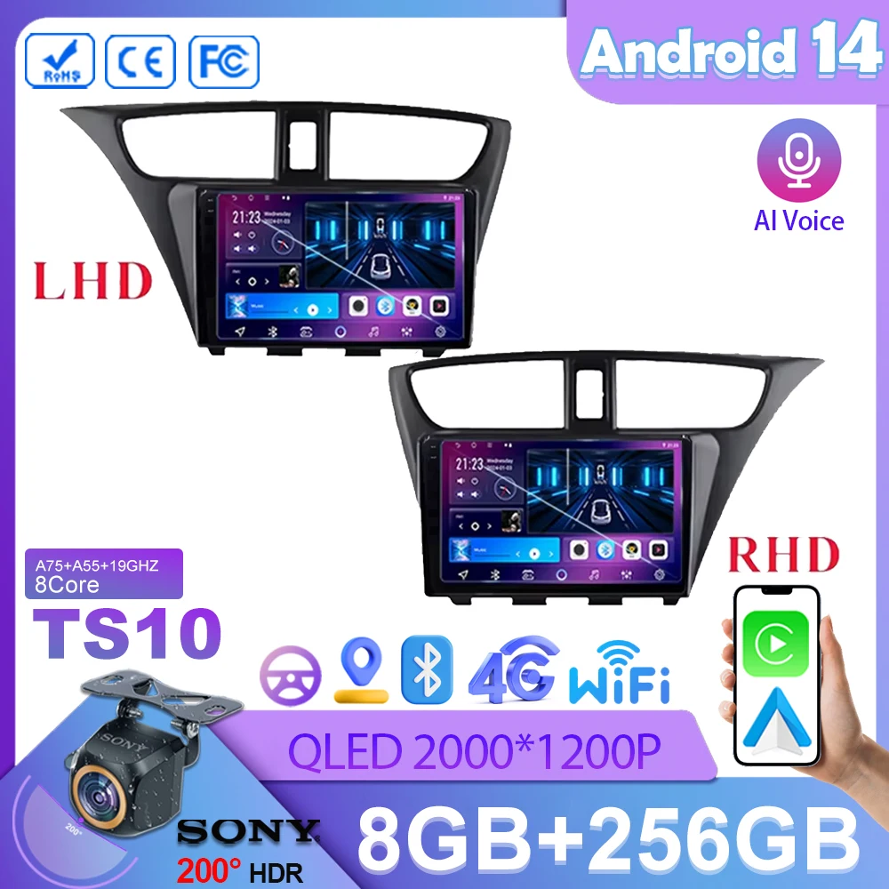 

car radio for Honda CIVIC Hatchback 2012 - 2017 Car Radio Multimedia player Stereo 2K Screen 14 Carplay Auto Navigation GPS 2din