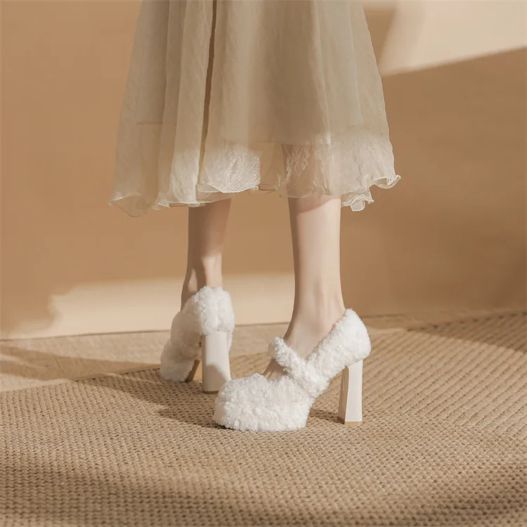 

Bloomsteps 2025 Winter New Arrival Shearling Mary Jane Shoes for Women Chunky Heel Fleece-Lined JK Pointed-Toe Pumps