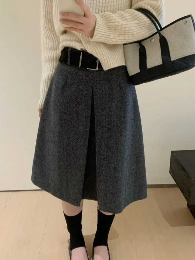 Gonna a trapezio a vita alta Ele Gonna coreana Sle da donna Autunno Inverno Nuova gonna in misto lana Faion con cintura