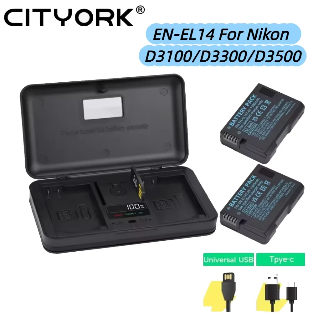 

Аккумулятор CITYORK EN EL14 EN-EL14 для Nikon D3100 D3200 D3300 D3400 D5600 D5100 D5200 P7000, коробка для хранения аккумуляторов, двойное зарядное устройство с ЖК-дисплеем