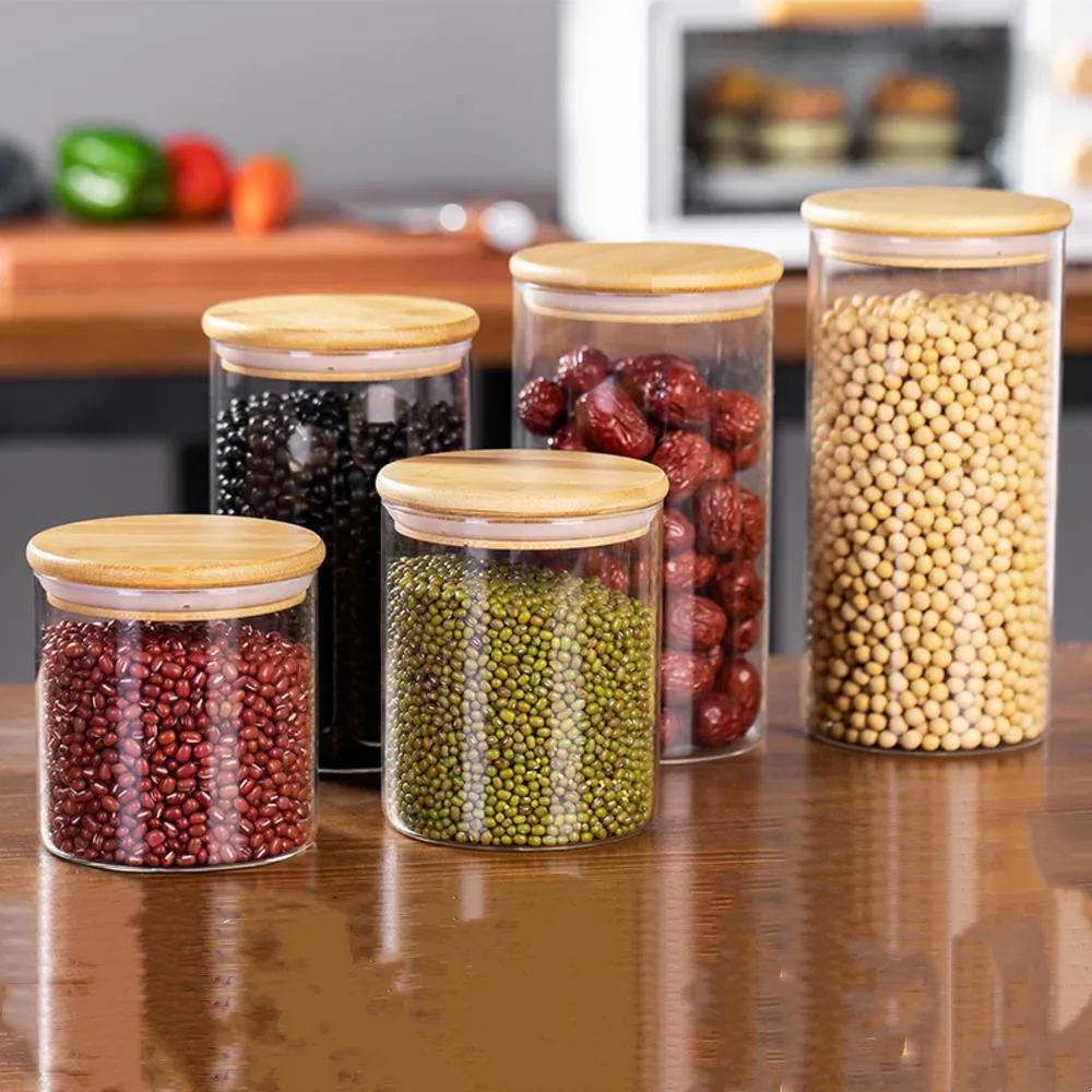 Multisize Wood Lid Glass Canister Kitchen Storage Bottles Jar Sealed Food Container Tea Coffee Beans Grains Candy Jars Orgnizer