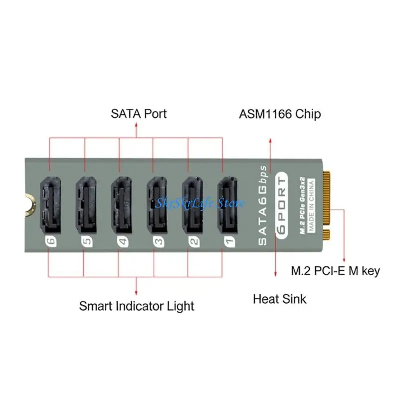 E65E 6 Port SATA3.0 Expansion Card From M.2 Slot With 16Gbps Bandwidth For PC