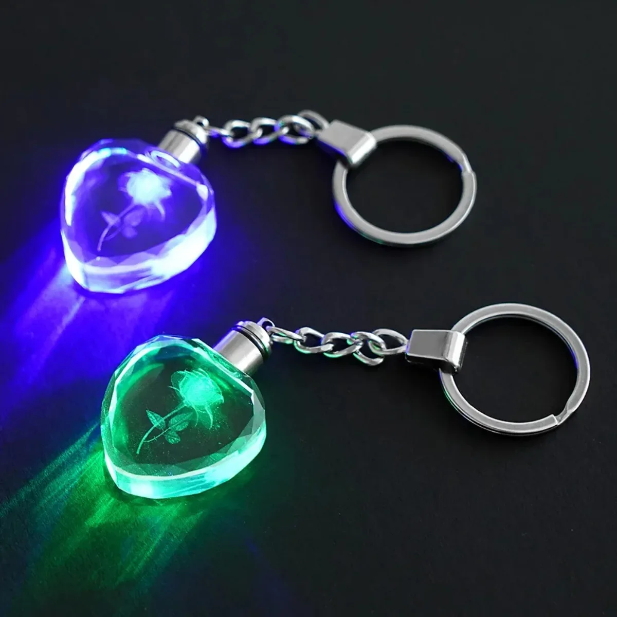 LED Light-Up Crystal Heart Keychain, 3D Rose Engraved Glowing Bag Charm, Romantic Gift for Her image 2