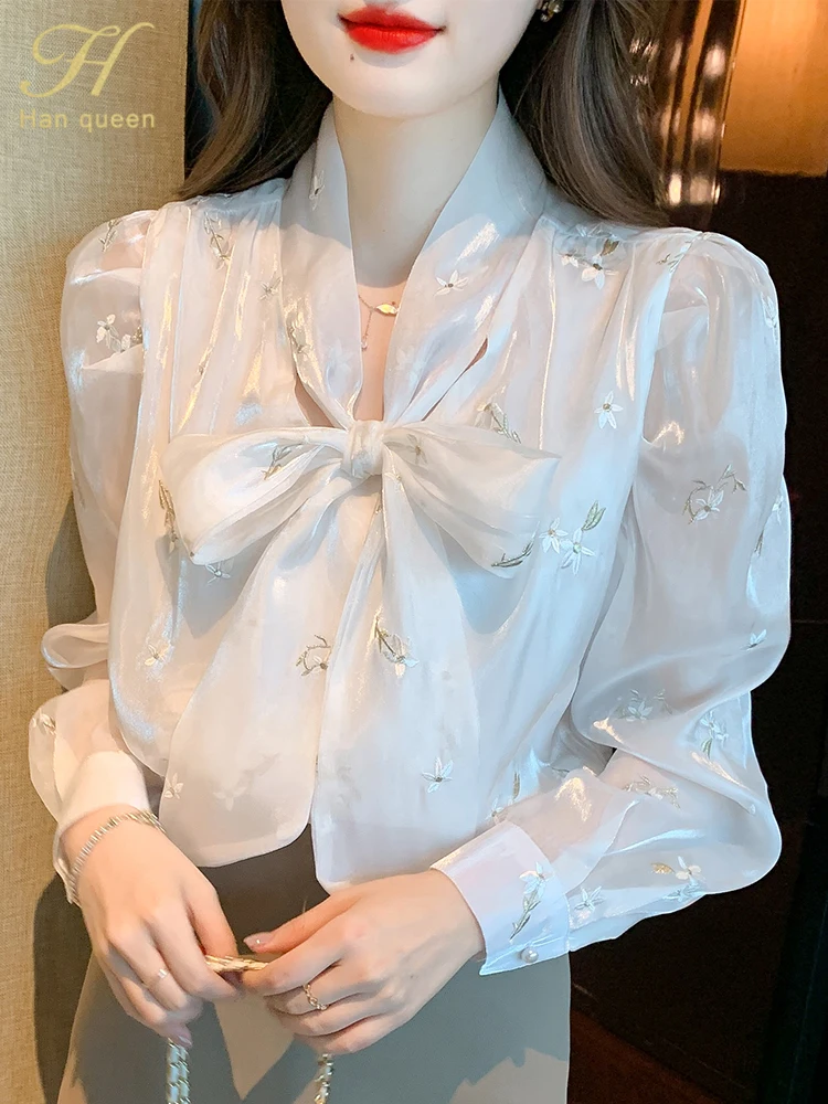 H Han Queen Autumn Puff Sleeve Office Blusas Lace-Up Bow Vintage Embroidery Tops Chiffon Blouses Women Long Sleeve Casual Shirts