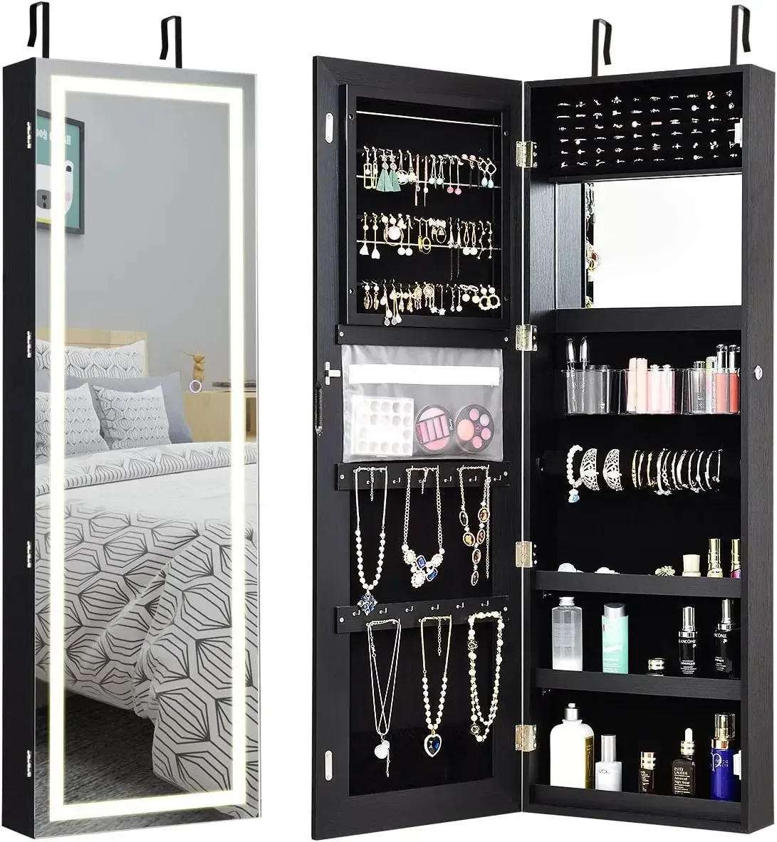 Jewelry Cabinet Armoire Door Wall Mount, 47.2in Lockable Touch Screen Lighted Full Length Mirror, 3 Lighting Settings,