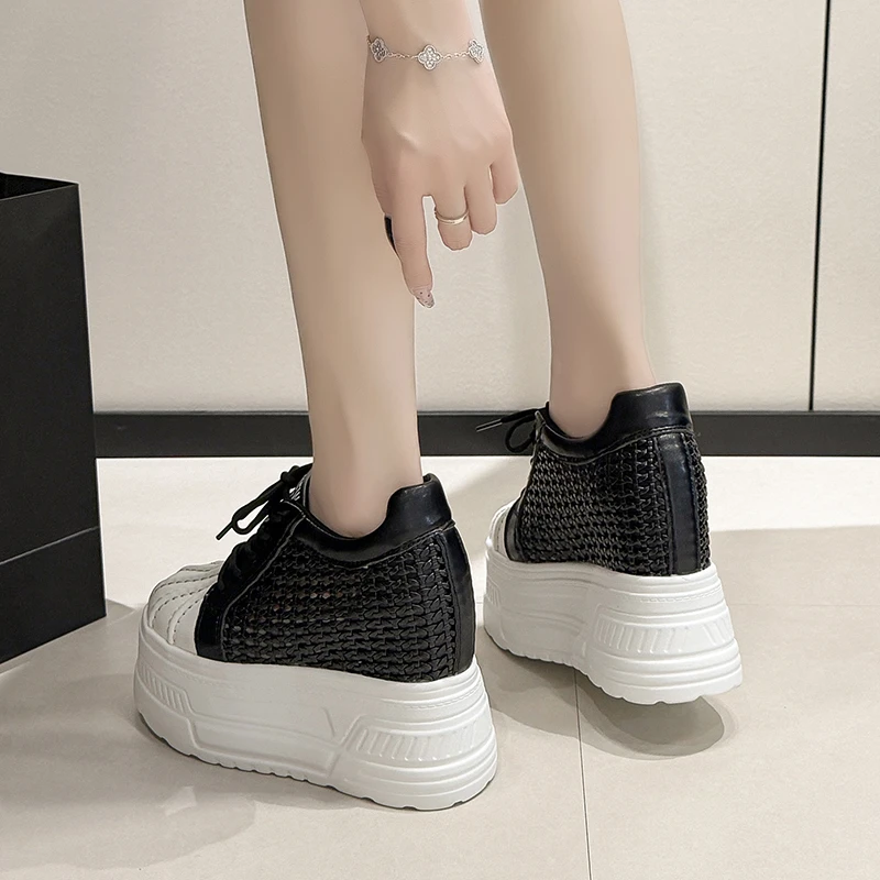 2026 New Summer Women's Leather Sneakers High Platform Lace-up Casual Shoes Hollow out 12CM Heels Walking Shoes Zapatos Mujer view 6