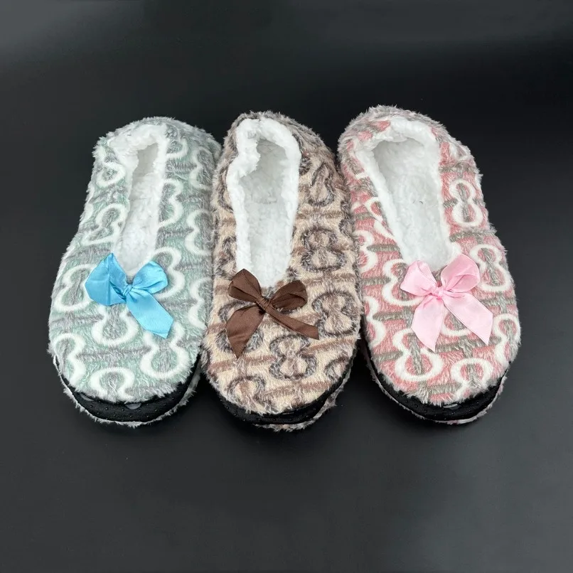 House Winter warm Slipper Women Bow Knot 8 words Fur Plush Anti Skid Grip Cute Funny Indoor Home Fluffy Female Floor Shoes