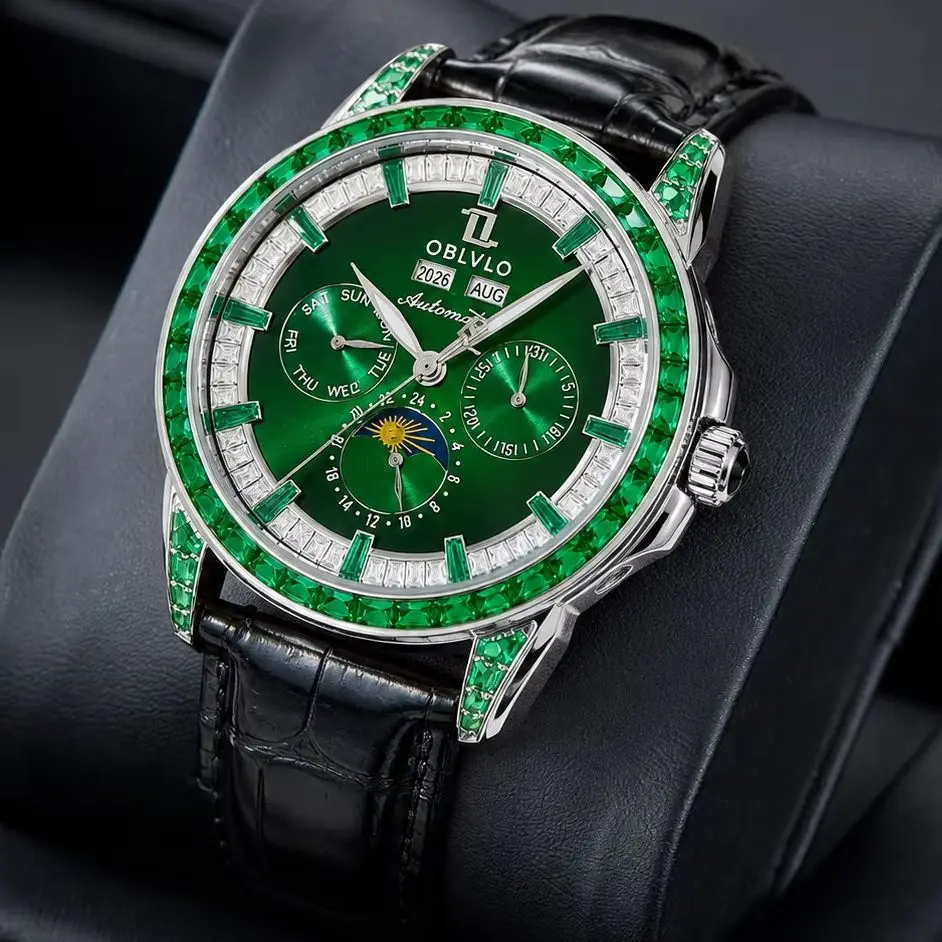 OBLVLO Men's automatic mechanical watch with a luminous multi-function dial (displaying year, month, day of the week, and date).