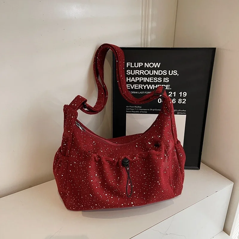 

2025 хит продаж, нейлоновая швейная нить с блестками, сумка через плечо, однотонная молния, простая модная трендовая сумка на плечо, сумки для женщин