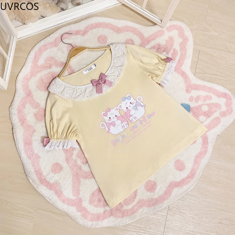 Pink Sweet Cat Print Lolita Crop Top Women Y2k Aesthetic Ruffles Bow O Neck Short Sleeve T-shirt Japanese Kawaii Cute Tees Tops