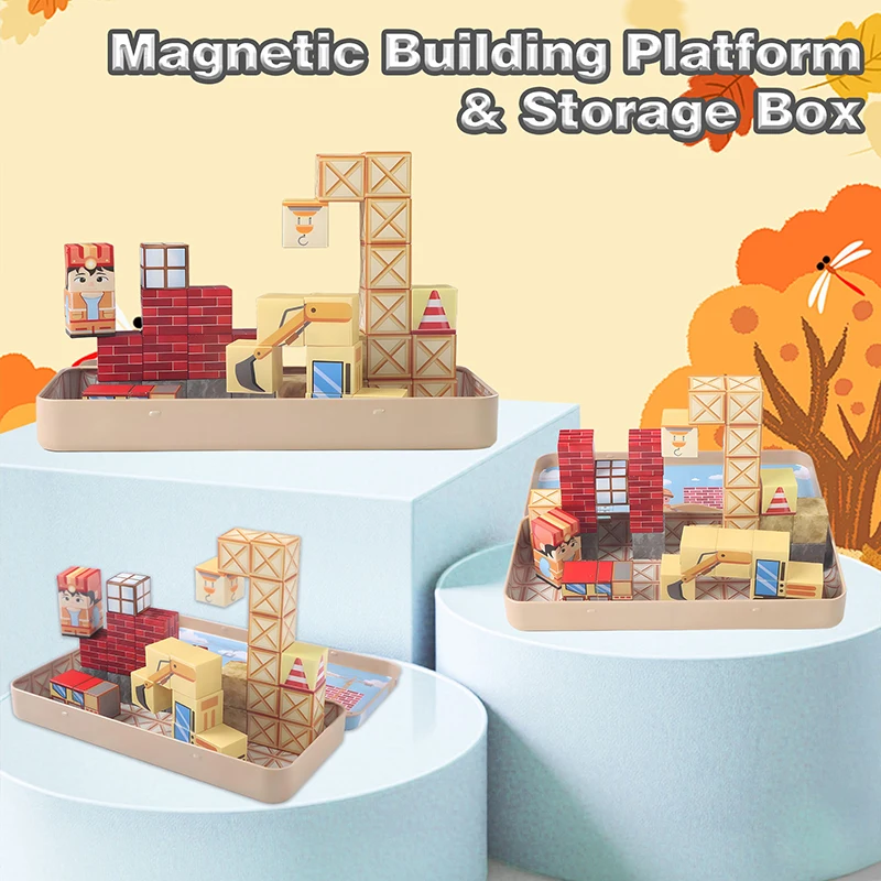 35 STKS Graafmachine Thema Magnetische Bouwsteen Magneet Kubus met Draagbare Ijzeren Doos STEM Zintuiglijke Reizen Speelgoed voor Kinderen Kerstcadeau