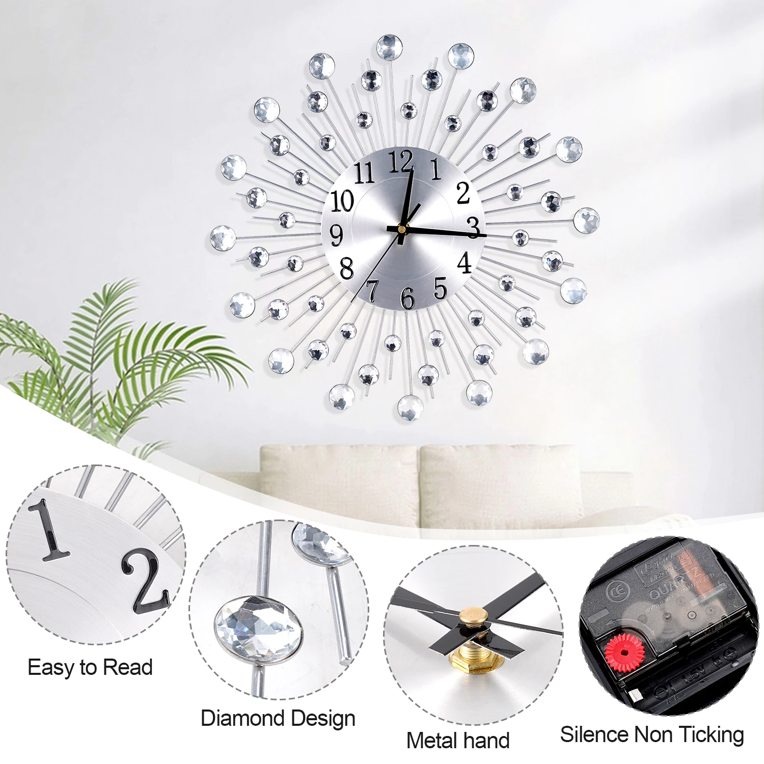 38*38CM Silver Diamond Sun Wall Clock European Battery-Powered Wall Clock Movement Metal Glass Clock Home Office Wall Decoratio