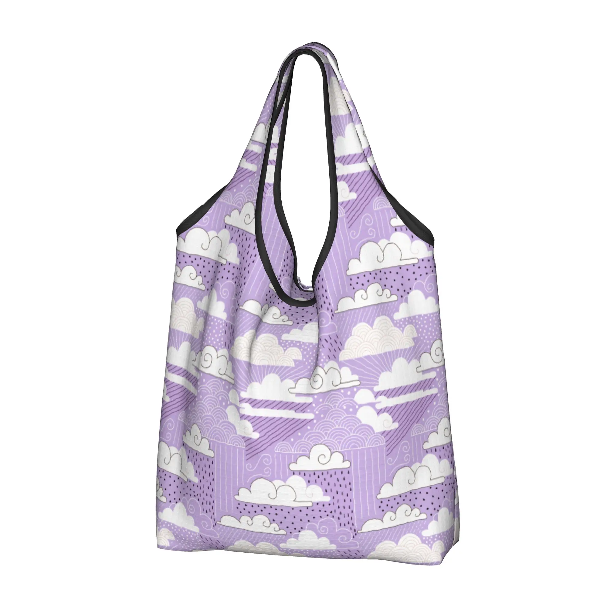 Cloud Art Deco Lilac Showers Traditional Japanese  Grocery Tote Shopping Bag  Kawaii  Shoulder Shopper Bag Big Capacity Handbag