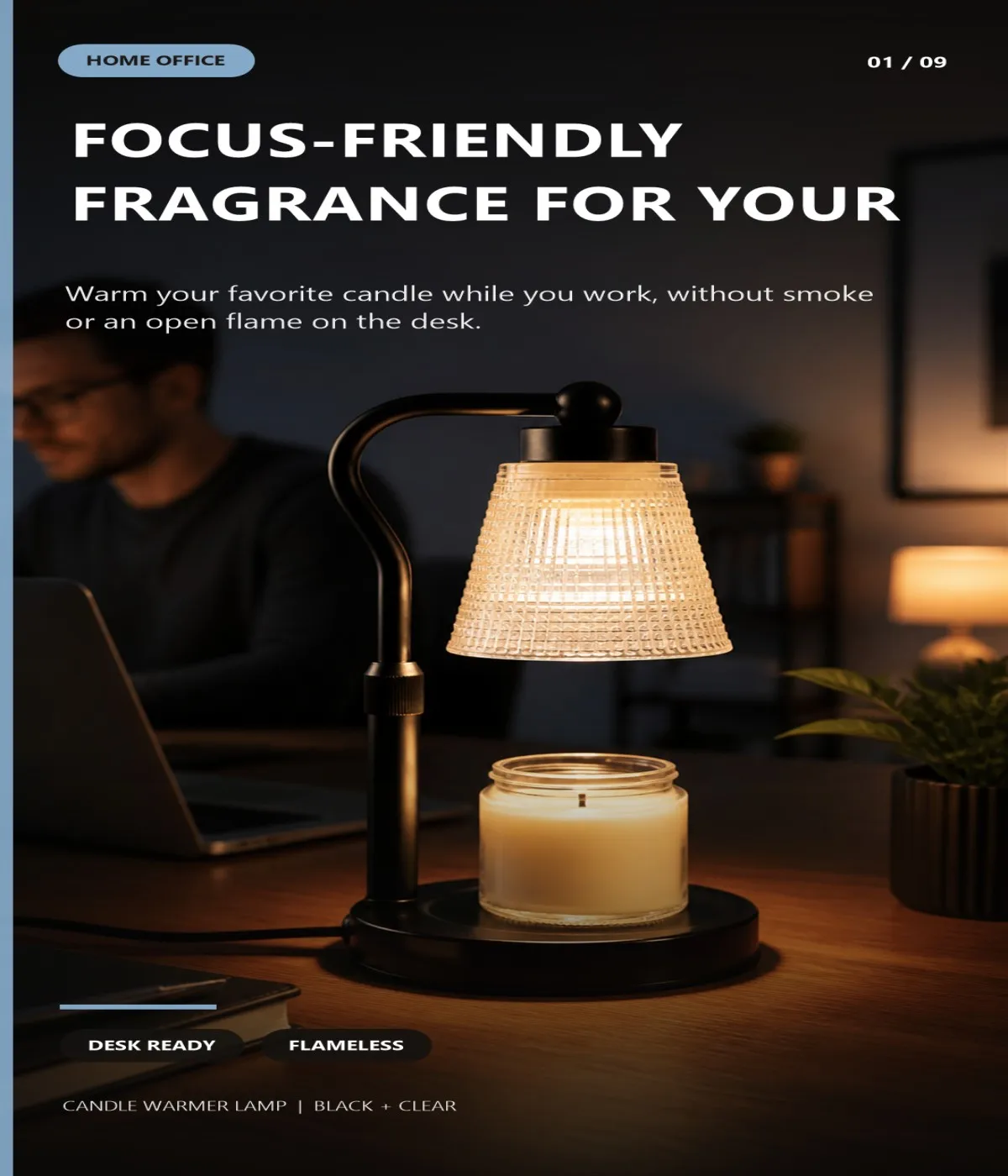 Candle Warmer Lamp for Yoga, Meditation & Self-Care, Height Adjustable Jar Candle Wax Melter with Soft 3-Level Dimming, 2/4/8H Timer and 2×50W GU10 Bulbs, Flameless Relaxing Bedroom Decor, Black-Clear