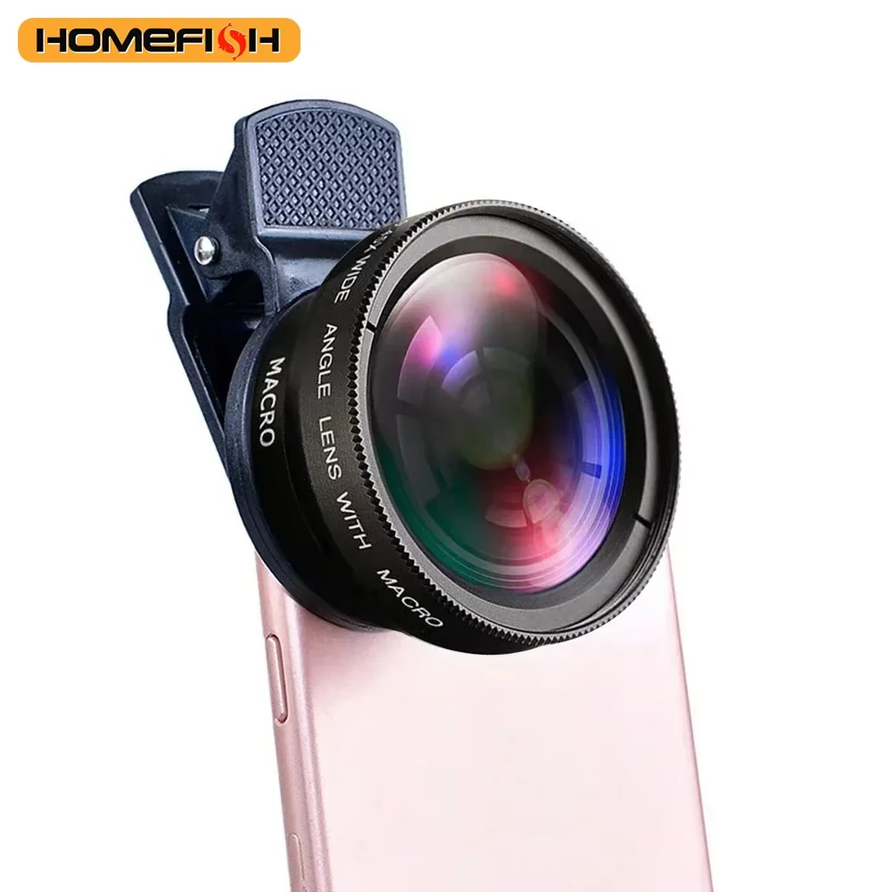 O suporte universal de lente 2 em 1 37MM 0,45X 49UV super grande angular + lente macro para celular é adequado para iPhone e Android