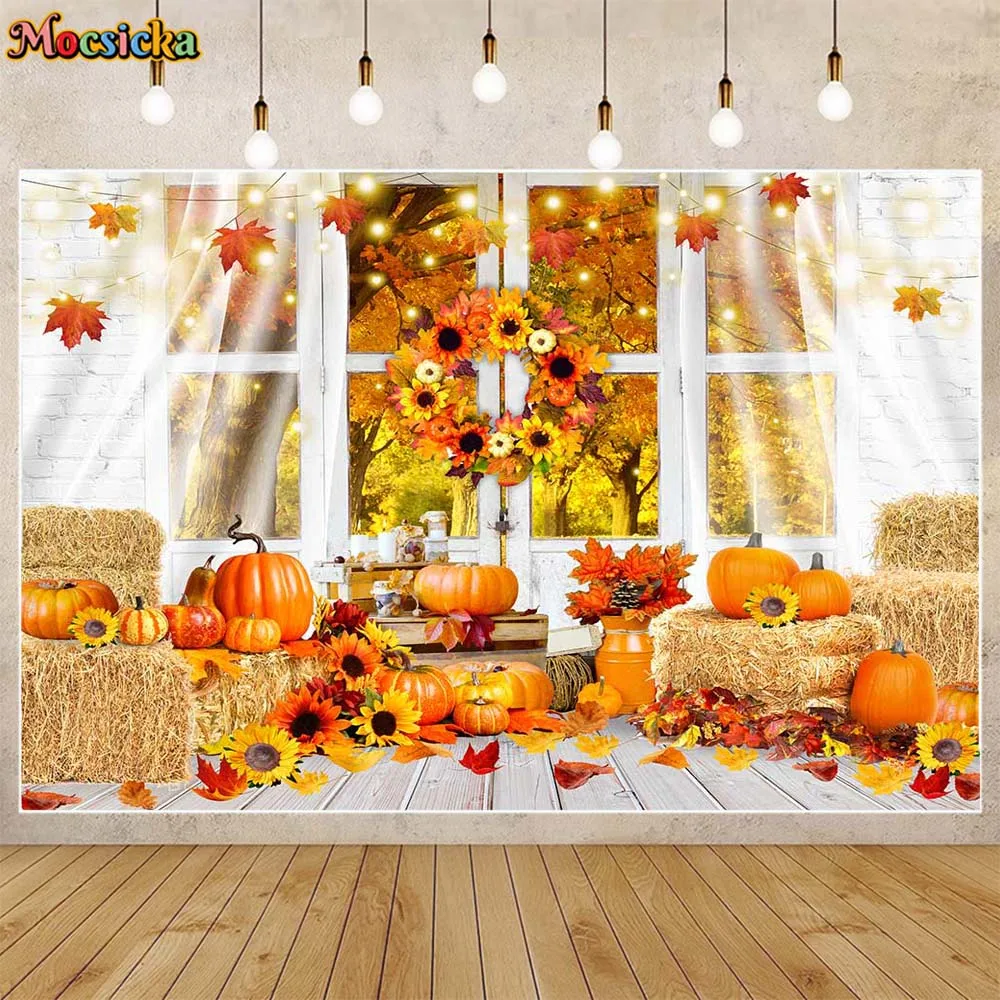 

Mocsicka Fall Harvest Thanksgiving Backdrop for Photography Pumpkin haystack Window Family Portrait Background Studio Photoshoot