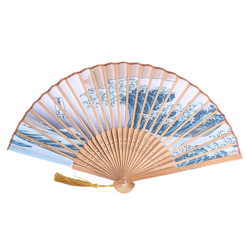 Japanese Folding Fan Bamboo Hand Fan Luxury Kanagawa Wave Tassel Women DIY Wedding Party Gift Dance Performances Decoration Prop