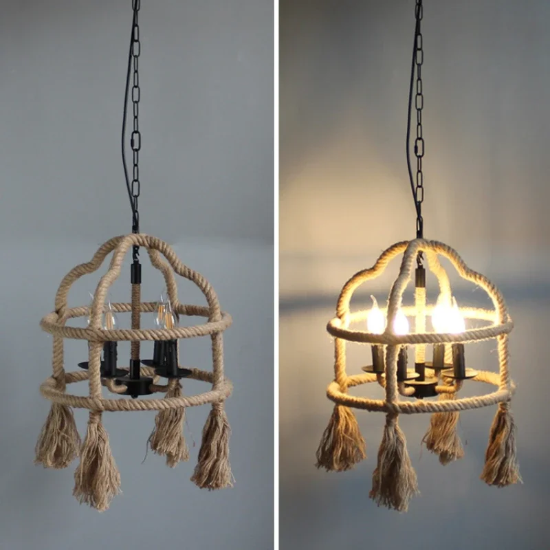 Spain Sisal Hemp Rope Pendant Light Ceiling Lamp Lustre Hanging Chandelier Iron Hand Braiding Rustic Retro for Dining Room Decor