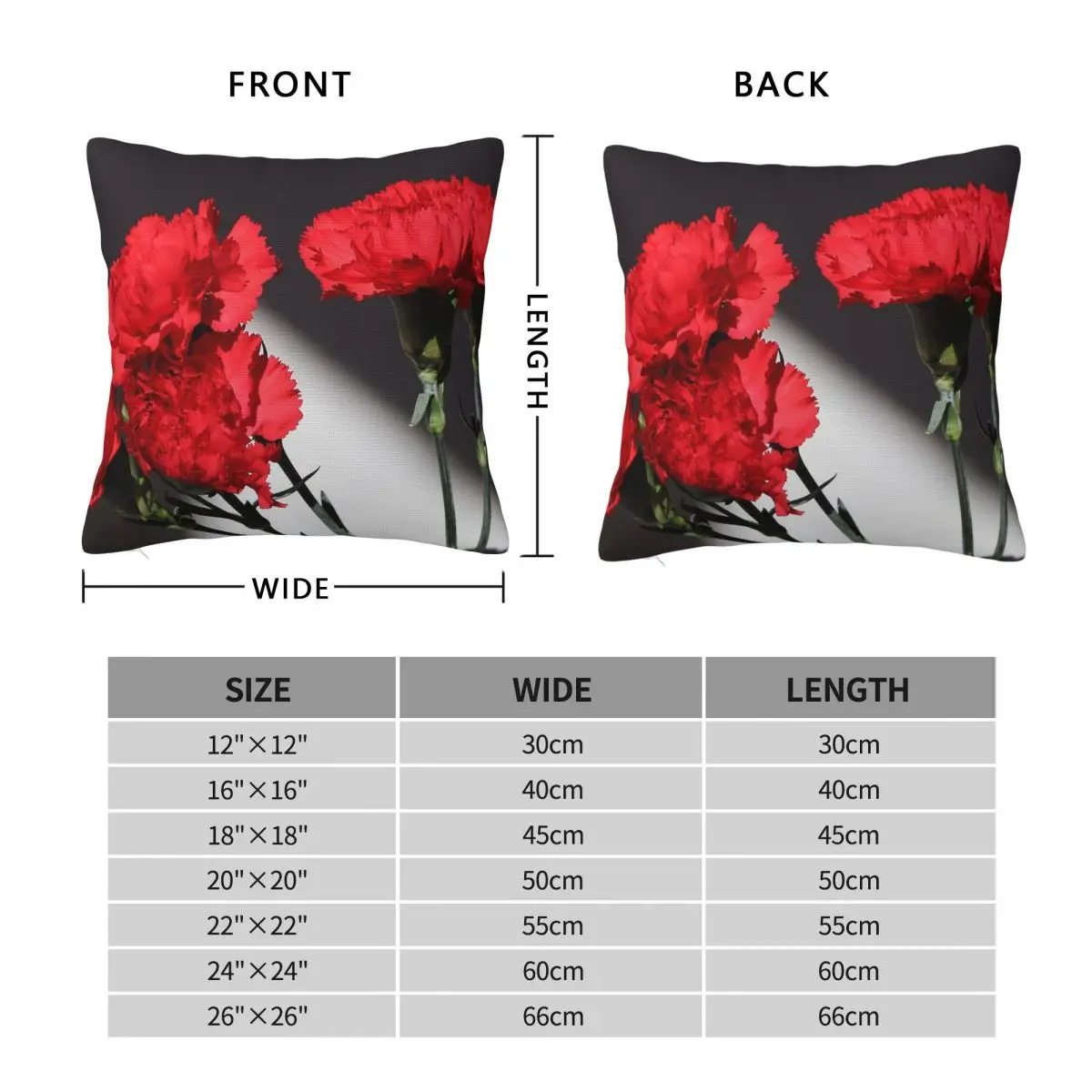 Red Carnations Botanical Square Pillowcase Polyester Linen Velvet Printed Zip Decorative Bed Cushion Cover