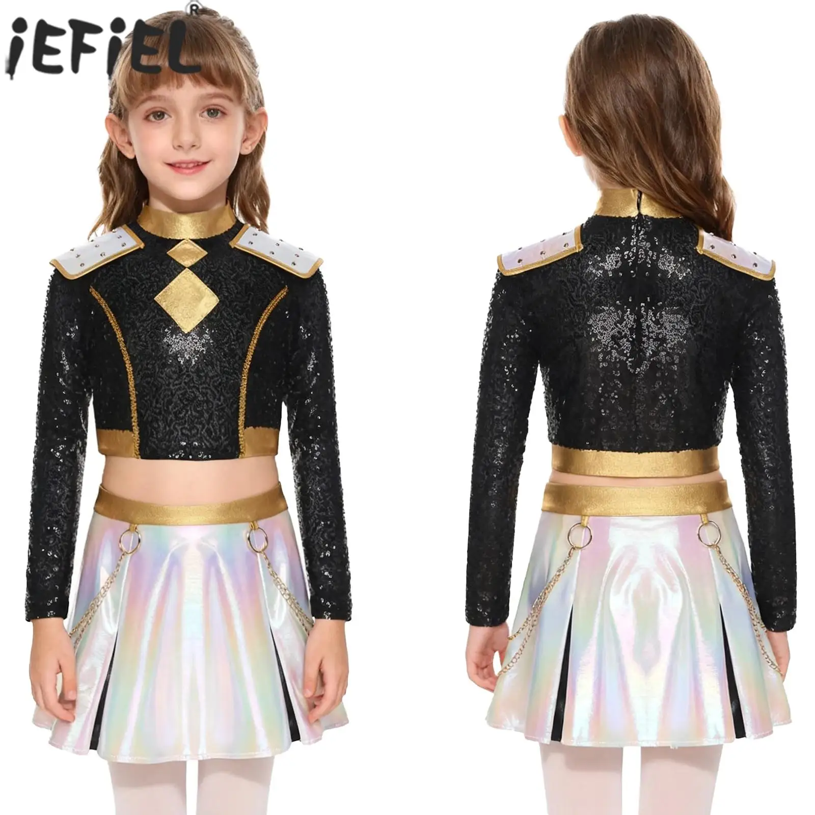 

Kids Girls Devil Hunters Pop-singer Performance Costume Shiny Sequins Crop Top with Skirt for Halloween Carnival Cosplay Party
