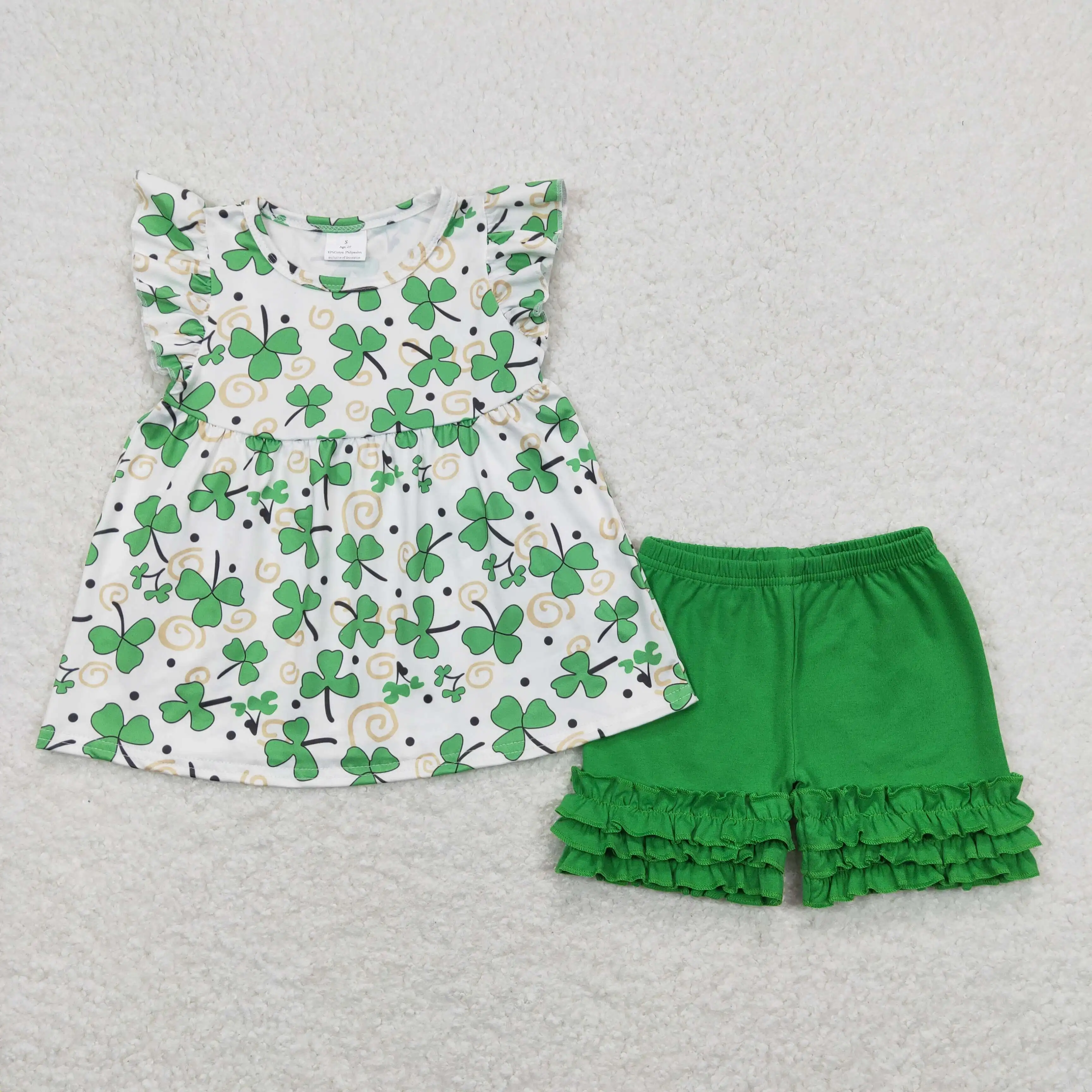 

A5-21 baby girls clothes sets Shamrock flying sleeve green shorts sets Wholesale clothes for girls summer boutique