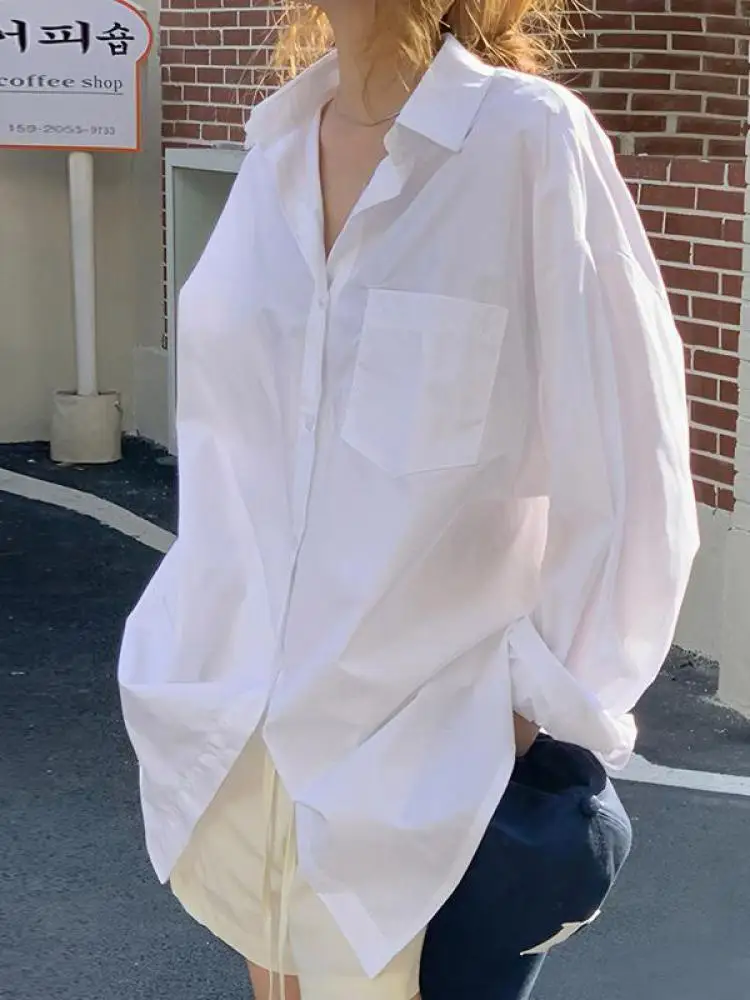 

Korean Women White Elegant Long Sleeved Loose Vacation Shirt Autumn Winter Single Breasted Versatile Casual Tops 2025 Streetwear