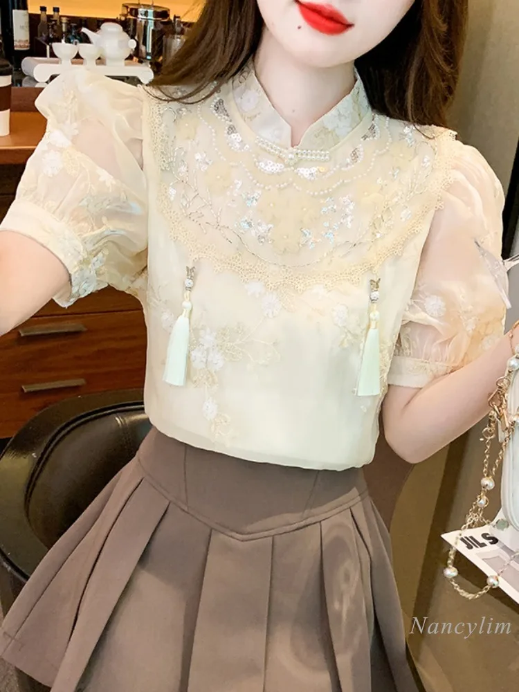 New Chinese Style Short Sleeve Apricot Chiffon Shirt Women\'s Summer 2024 New Elegant Top Embroidery Beaded Puff Sleeve Blouses