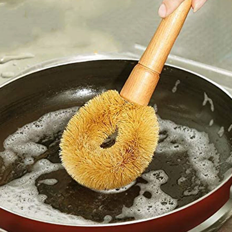 Coconut Palm Brush Pot Brush Glass Decontamination Cleaning Sponge Natural Wooden Handle Bottle Kettle Non-stick Skillet Cleaner