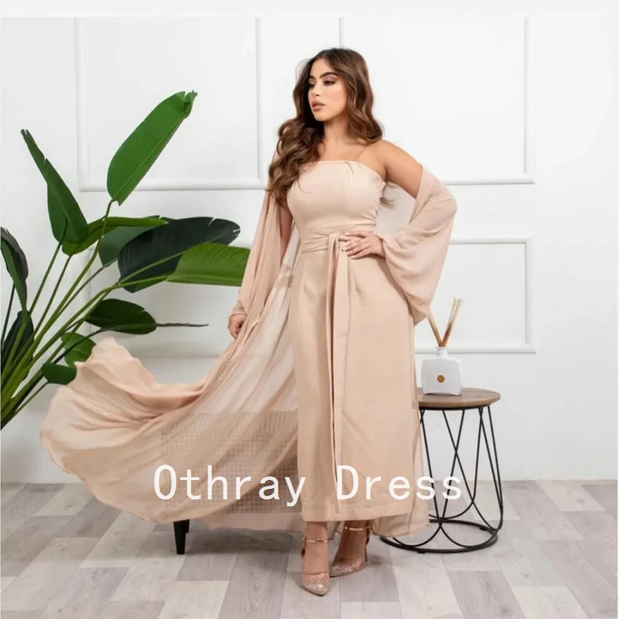 Women's Long Sleeves Prom Dress with Jackets Chiffon Champagne Sheath Wedding Guest Dress Pleated Strapless فساتين سهرات