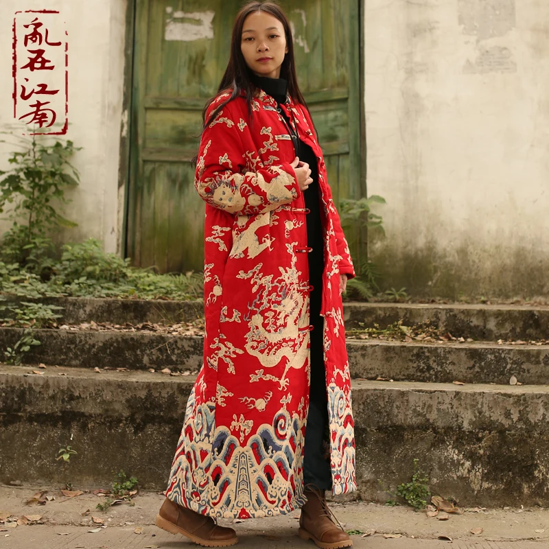 LZJN-Long Quilted Jacket for Women, Cotton Padded Coat, Vintage Chinese Dragon Trench, Warm Outerwear, Maxi Coat, Winter