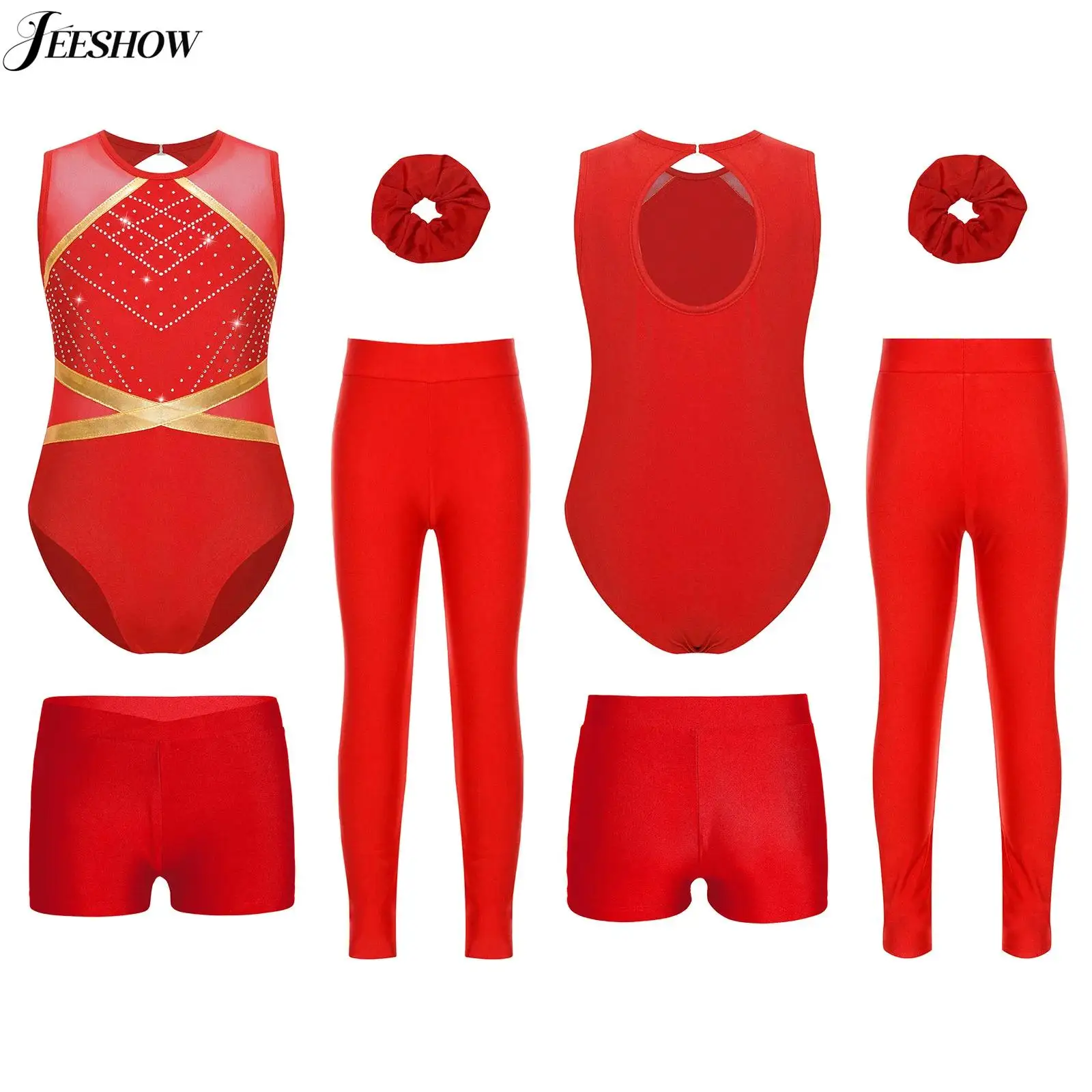 Kids Girls 4 Pcs Gymnastics Dance Outfits Figure Skating Performance Costume Sleeveless Leotard with Shorts Leggings Headwear
