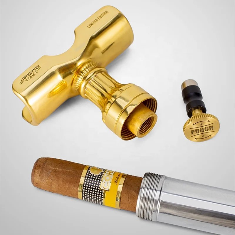 

JIFENG JF-GEF002 Golf Sport Multi-functional Climbing Cane Metal Cigar Accessory 4 in 1 Cigar Holder Punch Tube and Lighter Set