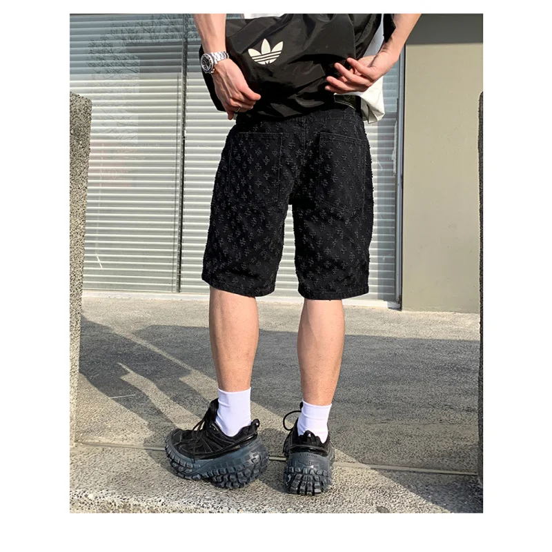 

9375 American retro tide jacquard denim shorts men gangster handsome summer thin section senior sense of five trousers