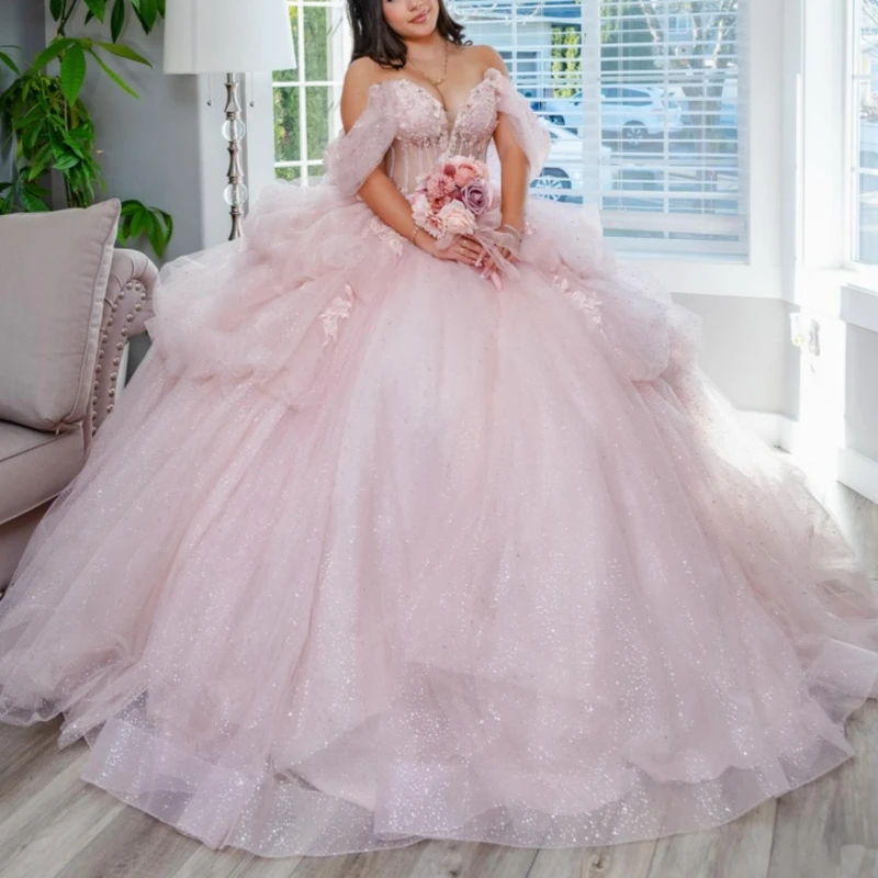 

Pink Quinceanera Dresses Off Shoulder Ball Gown Sweet 16 Dress Applique Beads Bow Tull Birthday Party Vestidos 15 Anos