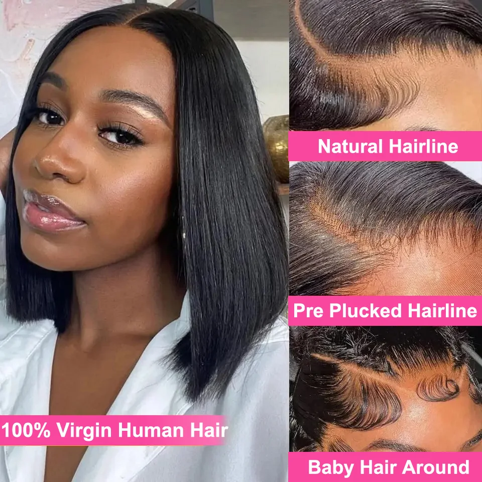 Short Bob Wigs Bone Straight 13x4  Hd Lace Front Wig 200%Density 4X4 Remy Hair Transparent Lace Full Lace Frontal Human Hair Wig image 2