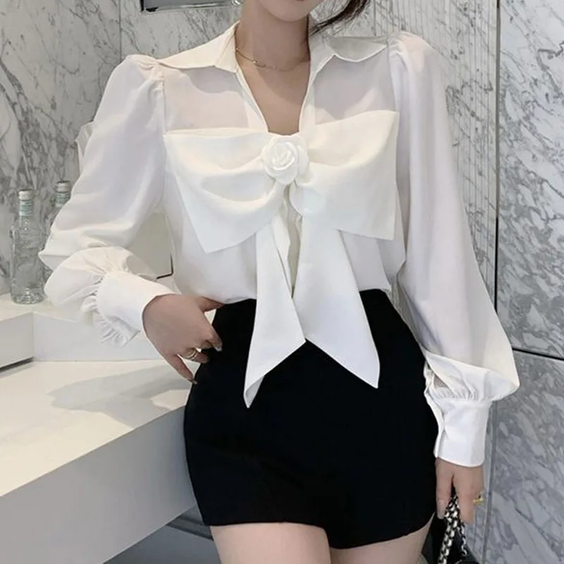 Spring Chic Bow Spliced Fashion Shirt for Female Casual All-match Long Sleeve Simplicity Solid Color Blouse Women\'s Clothing