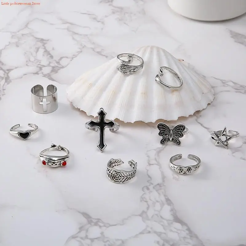 F92D European and American Exaggerated Dripping Oil for Cross Personality for Frog for Butterfly Crying Face Ring 10-