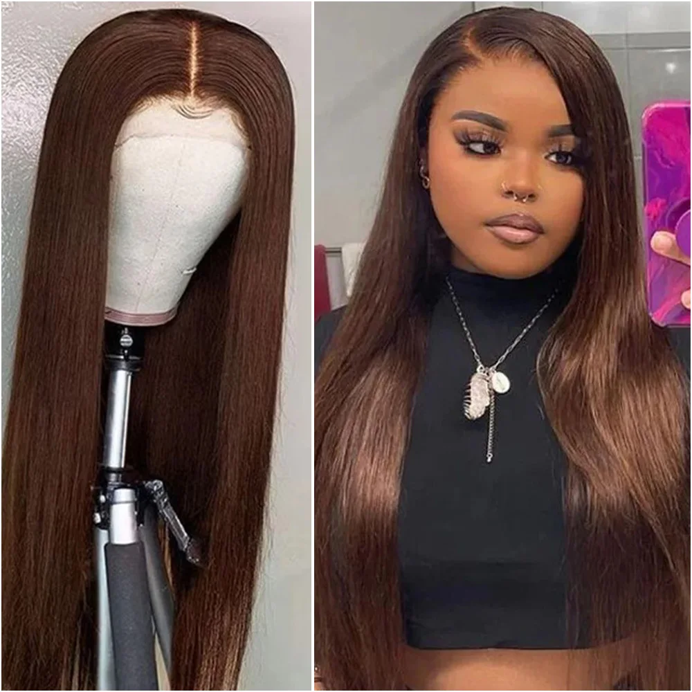 

Chocolate Brown Bone Straight Lace Front Brazilian Human Hair Wig Pre Plucked 40 Inch 200% 13x6 Hd Transparent Lace Frontal Wigs