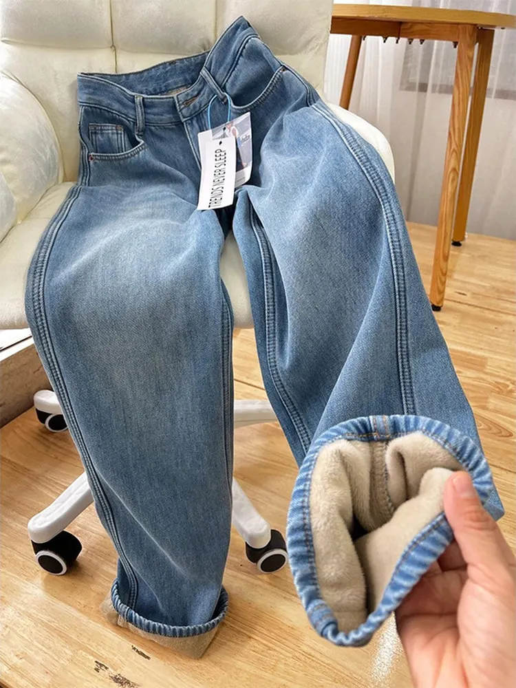 Calça Jeans Feminina Plus Size de Cintura Alta com Perna Reta, Forro de Lã Grosso para Inverno, Calça de Perna Larga Quente, ...