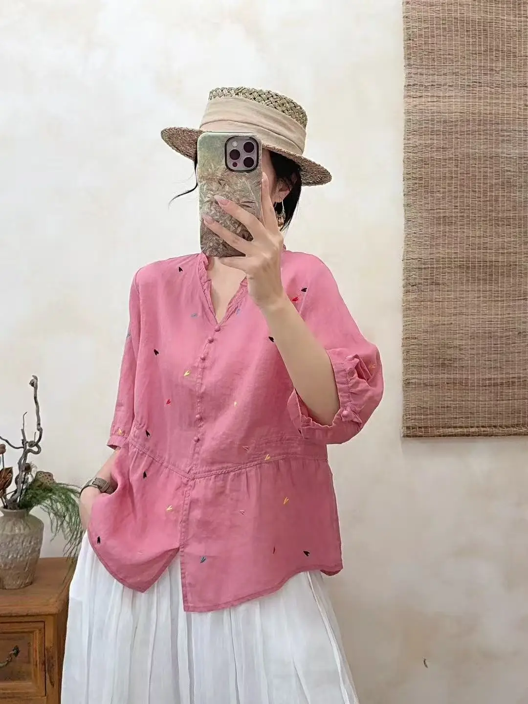 

Летний женский топ свободного кроя в горошек V-Ne irt Faionable для похудения на пуговицах, свободный крой, обычная длина све