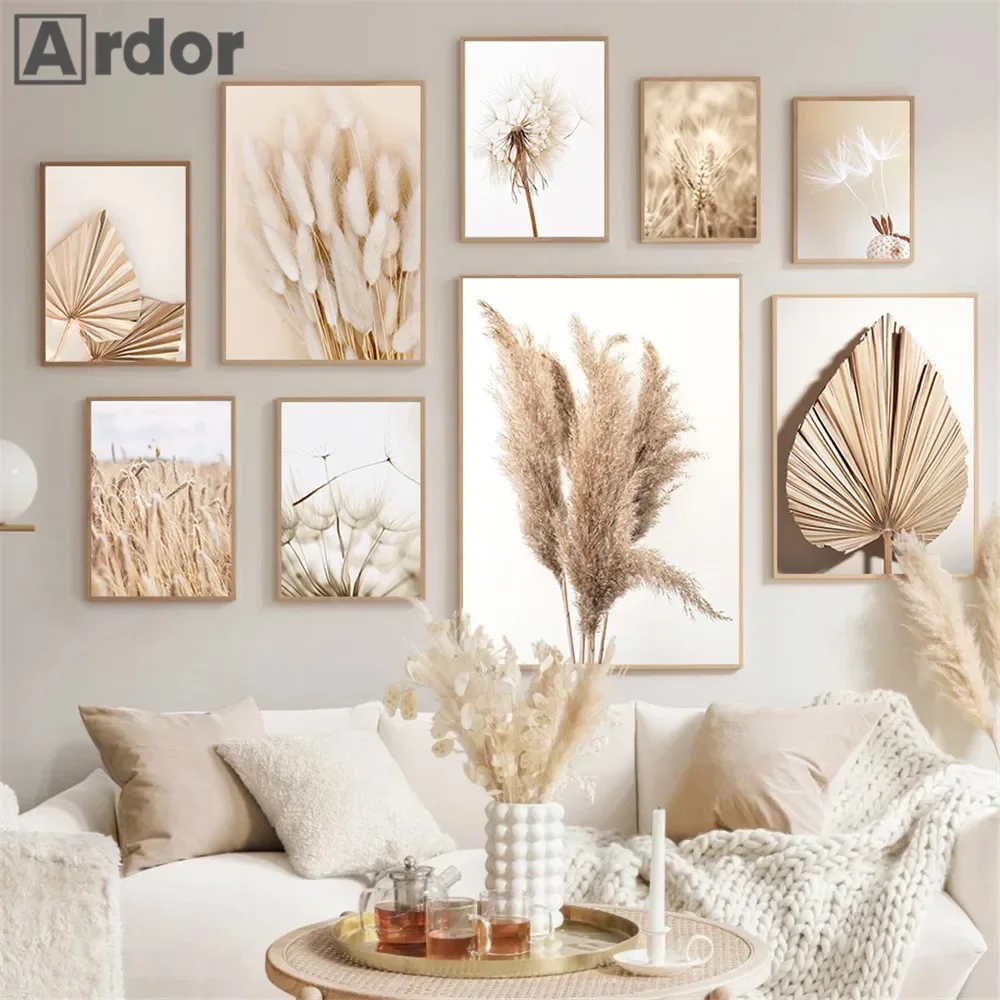 Beige Hay Reed Wall Art Dandelion Wall Pictures Dried Wheat Canvas Painting Palm Leaf Art Prints Nordic Poster Living Room Decor