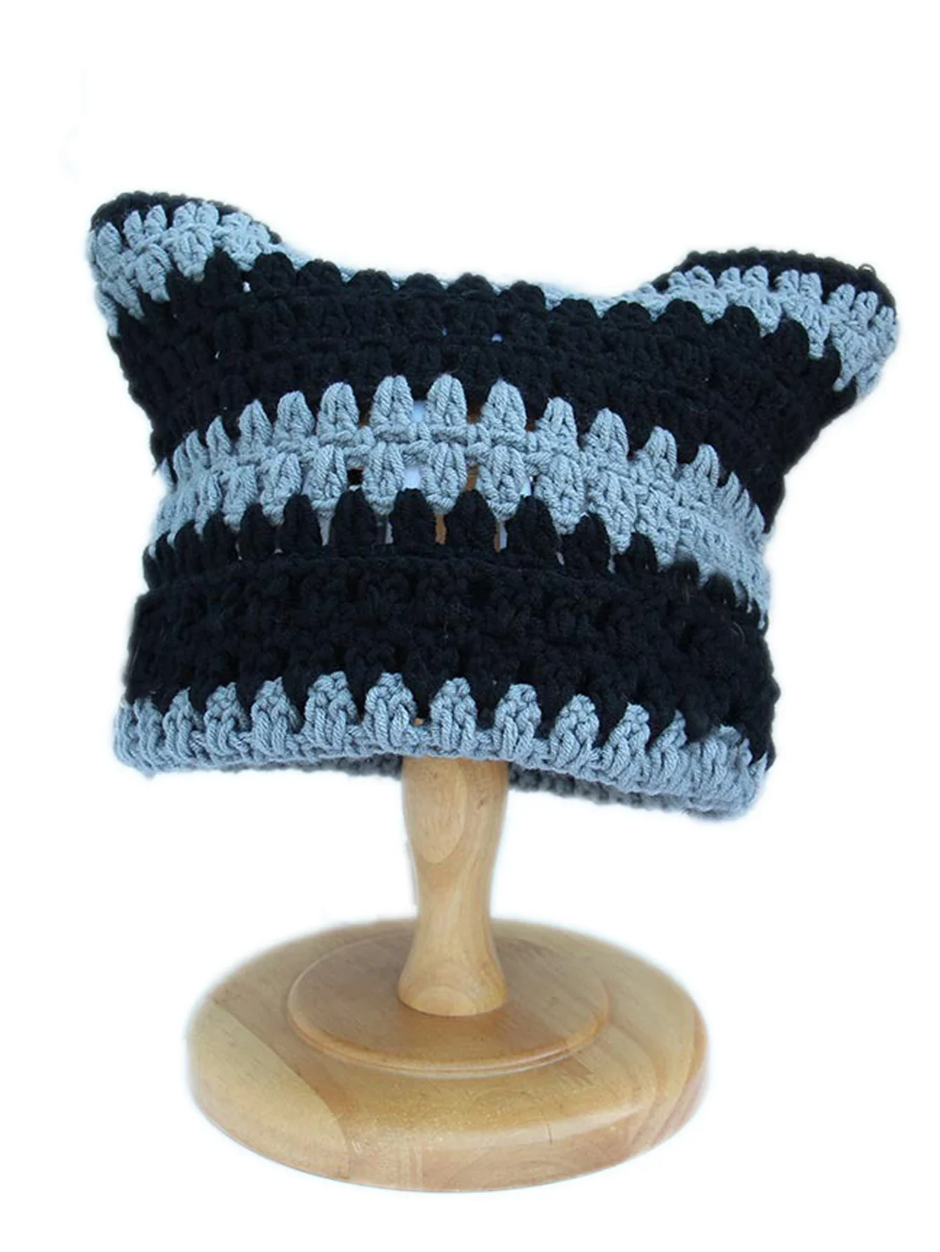 Handmade Crochet Knit Hollow Pullover Bohemian Style Two Color Spliced Punk Y2K Street Style Hip Hop Fun Striped Knit Hat