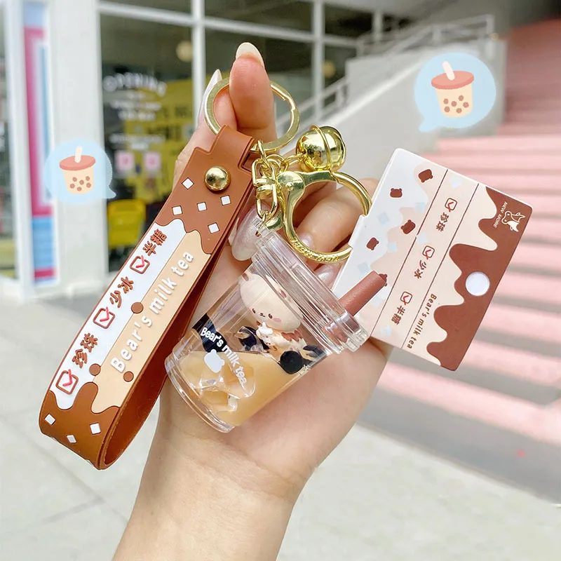 Cute Liquid Oil Pearl Boba Milk Tea Bear Floating Liquid Keychains For Woman Bag Pendant Mug Drink Bottle Keyring Key Charm Gift