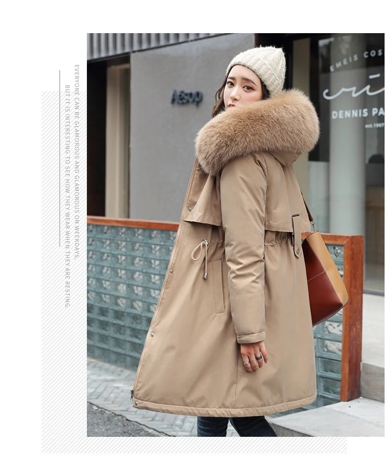Parkas Jacket Women Cotton Coat Winter Mid Length Outerwear Fur Collar Plush Liner Hooded Drawstring Thick Windproof Office Lady
