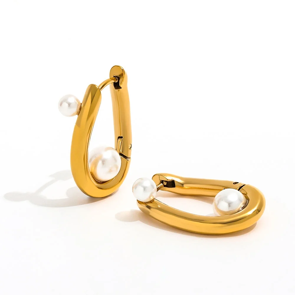 

Joolim Jewelry High Quality PVD Wholesale Waterproof Fashion Irregular U-shaped Pearl Huggie Stainless Steel Earring for Women
