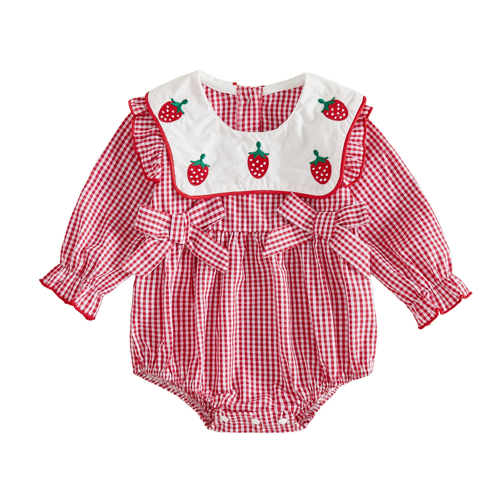 Baby Girl Romper Long Sleeve Round Neck Strawberry Embroidery Bodysuit