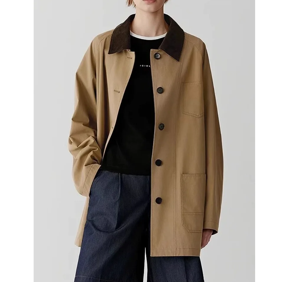 

Withered Barn Style Contrasting Color Loose High-density Twill Cotton Windbreaker Jacket Woman Clothes Tops