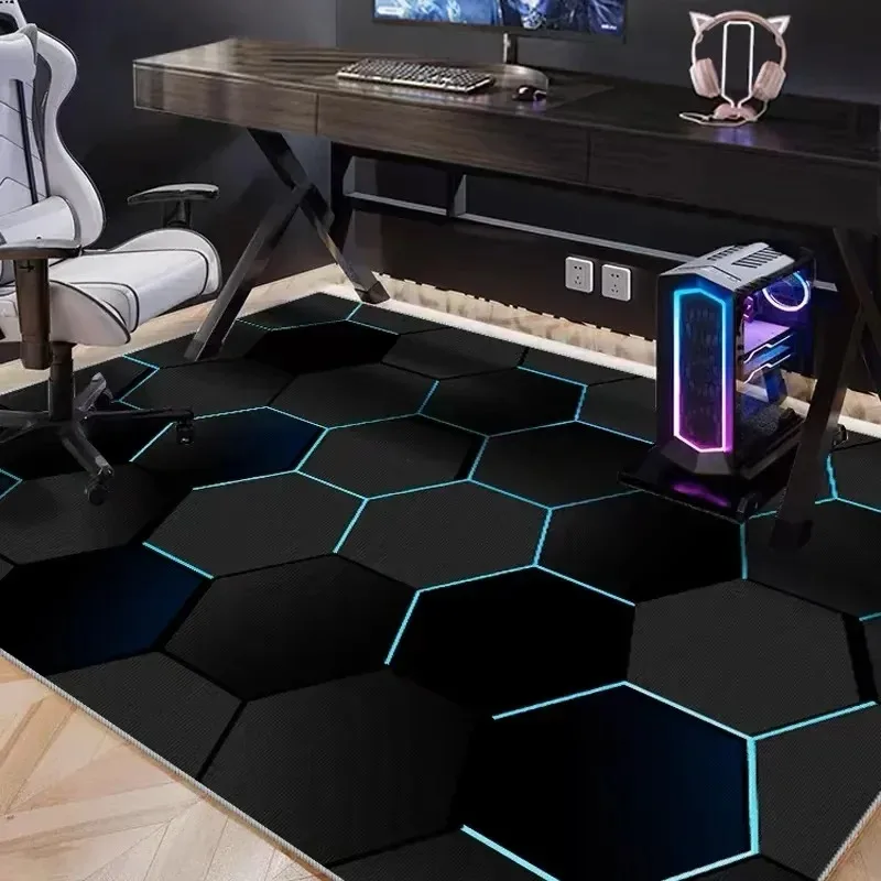 Black Blue Neon Hexagon Gaming Area Rug, Futuristic Honeycomb Geometric Pattern Carpet for Game Room Living Room Bedroom Decor