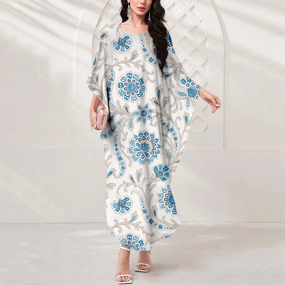 ชุดเดรสมุสลิมแขนค้างคาวสำหรับสุภาพสตรีชุดเดรสปาร์ตี้ gamis elegan พิมพ์ลายวินเทจเดรสมุสลิมทรงหลวมลำลองเดรสดูไบสตรียาวถึงพื้น