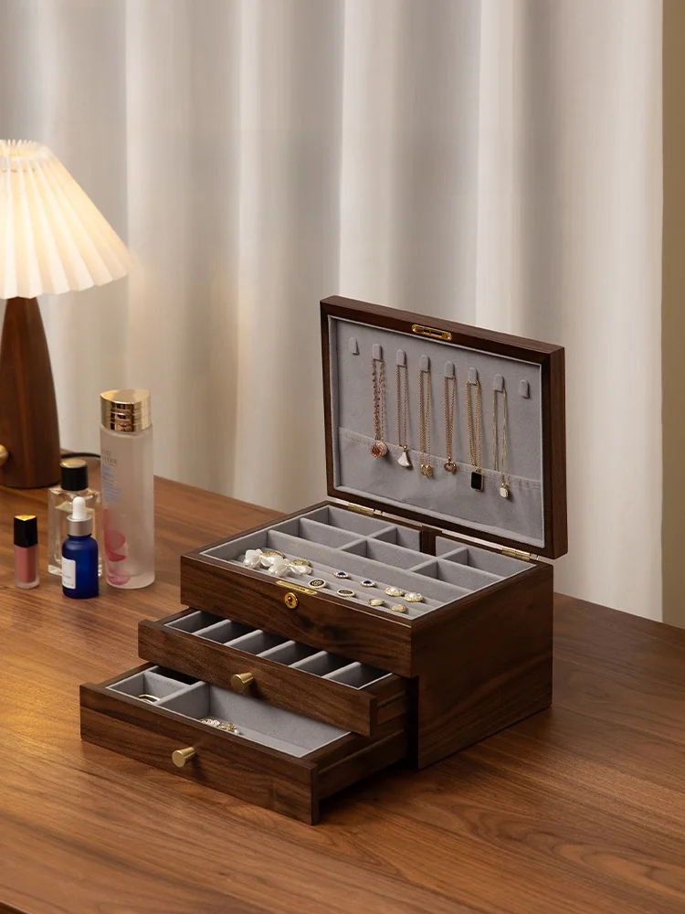 

Fanhuan Wooden Jewelry Box with Lock Gold Jewelry Storage Box Multi-layer Large Capacity Hand Accessories Storage Box